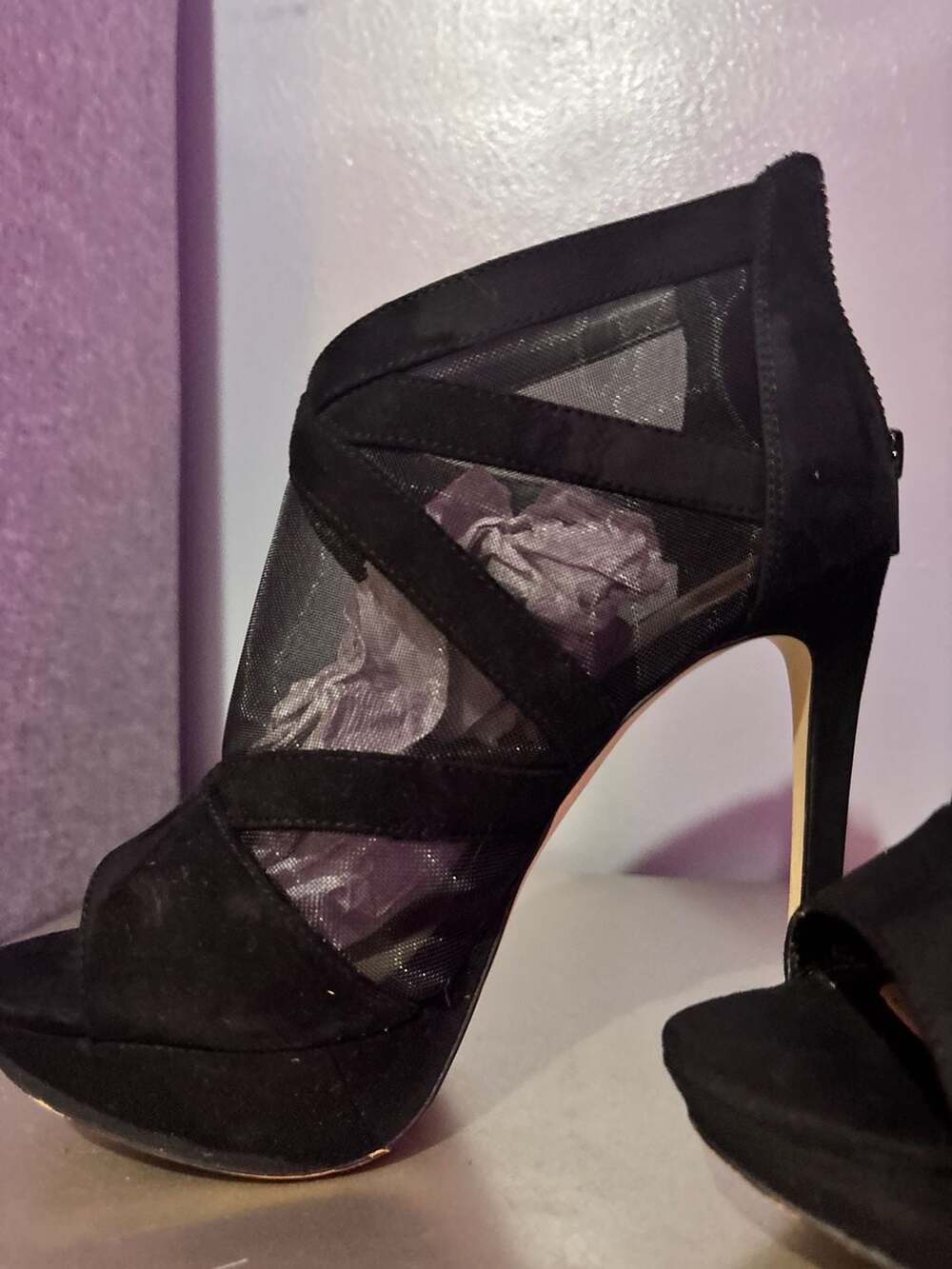 Mix No. 6 Caminero Black Mesh and Faux Suede Peep Toe Platform Heels Sz 8 - Picture 3 of 4